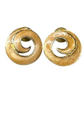 Vintage Gold-Tone Swirl Pierced Post Earrings Peach Yellow Tone Enamel Design
